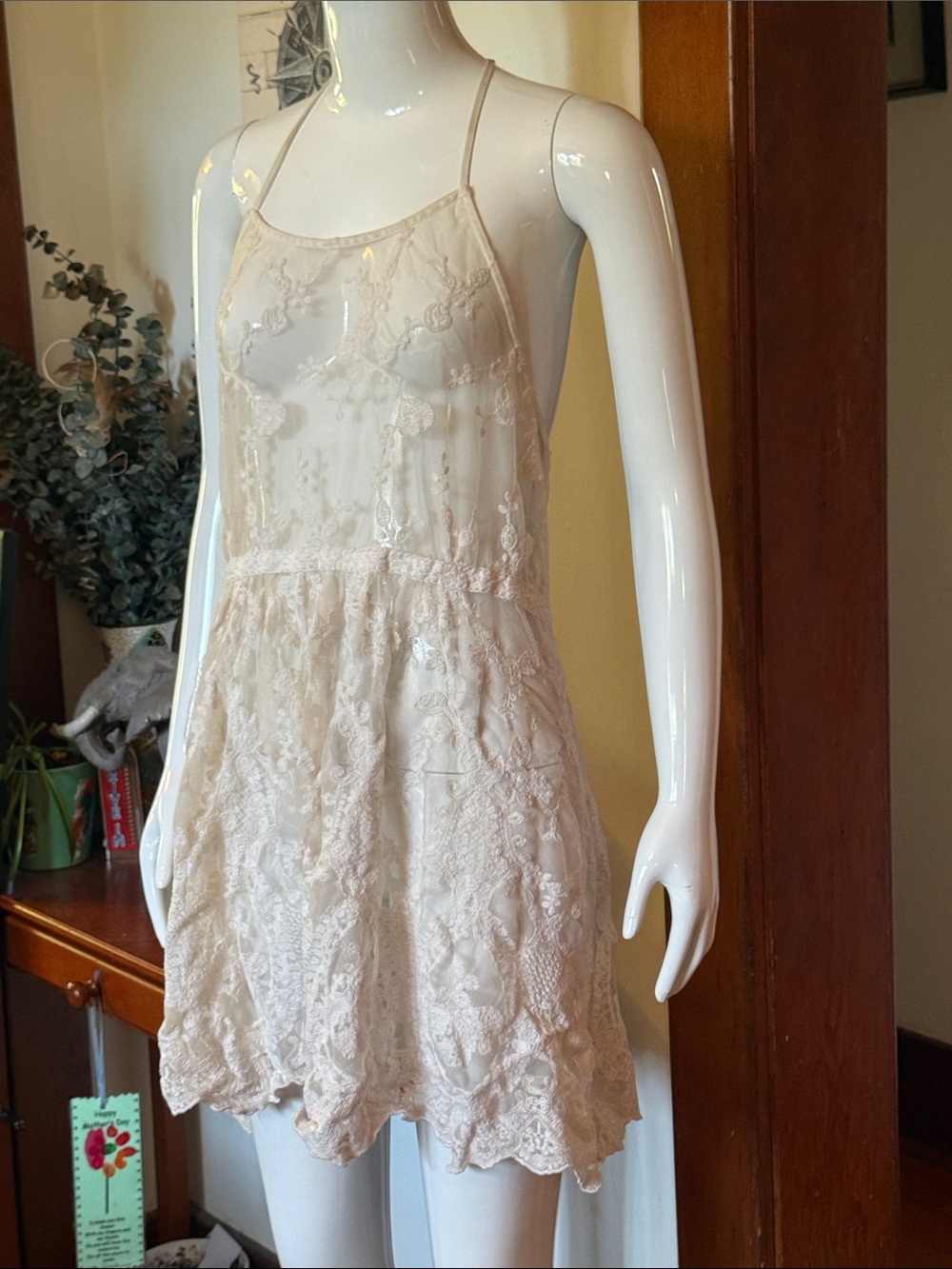 Lace Overlay Spaghetti Strap Slip Dress halter style  - Cream one size